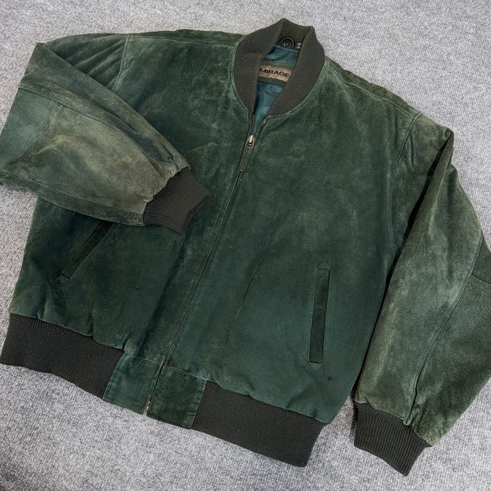 Vintage Mirage Suede Bomber Jacket Mens Large Green Leather Pocket *READ FADING*